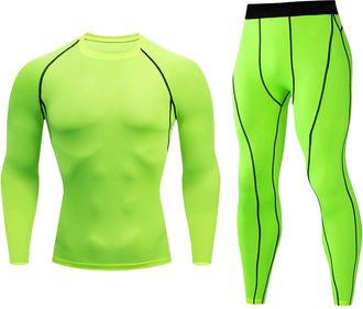 Generic Mens Compression Base Layer Skin Fit Long Sleeve + Compression Leggings Set Muscle Support Running Wicking Quick Dry Sportswear Sets for Men Athletics