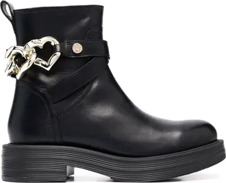 Love Moschino Black Leather Heart-Shaped Chain Boots
