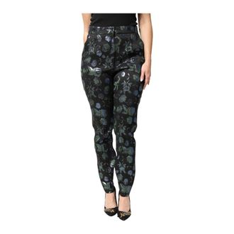 Dolce & Gabbana Slim-fit Trousers, female, Blue, Size: L Floral Metallic Slim Trousers