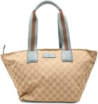 Gucci Beige Blue Canvas Leather Shoulder Bag Tote Bag (Pre-Owned)