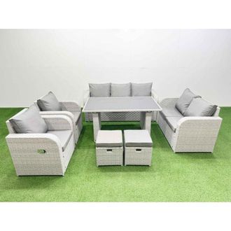 Fimous 9 Seater Garden Furniture Set pe Ratten Garden Sofa Set with Rectangular Dining Table 2 Small Stools Light Grey - Fimous