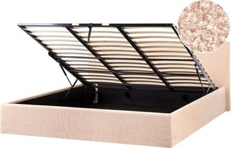 Beliani Cama tapizada de bouclé 180 x 200 cm con almacenaje cabecero elevable beige Orbey