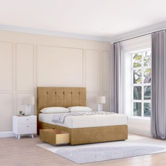 Sloomy Highbury Plush Velvet Memory Foam Bed Set With No Drawers, Mattress & Headboard in Light Brown | Size: Small Single