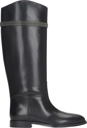 Estro & Luminara Zwarte dameslaarzen met brede schacht en ornament - Dames - Hoge Laarzen - Zwart - 36 EU - Leer - Schoenen