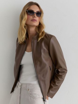 Reiss Taupe Neutral Leather Collarless Biker Jacket, 18