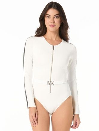 Michael Kors Signature Scuba Longsleeve Rashguard Swim in White at Nordstrom, Size 14