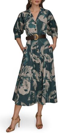DKNY Abstract Floral Belted Midi Shirtdress in Hudson/weathered Sage Multi at Nordstrom, Size 16