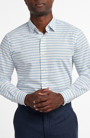 David Donahue Barre Stripe Slub Cotton Button-Up Shirt in White/Blue at Nordstrom, Size Xx-Large