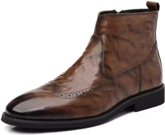 Generic Mens Patent Leather Brogue Boots with Side Zipper Flat Heel Short Boots Pointed Toe Chelsea Ankle Boot,Brown Velvet Lining,7.5 UK