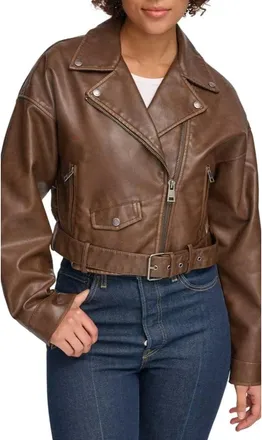 Levi's Belted Crop Moto Jacket Womens Saddle Faux Leather Full Zip FROG523