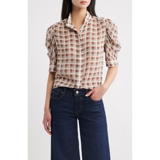 Frame Denim The Gillian Plaid Puff Sleeve Silk Button-Up Shirt in Silver Peony Plaid at Nordstrom, Size X-Small