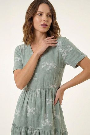 Roman Palm Print Textured Midi Dress