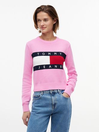Tommy Hilfiger Womens Tommy Jeans Intarsia Flag Logo Sweater - Pink Daisy - XL