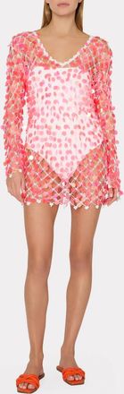 Milly Sequin Crochet Mini Pullover Cover Up In Pink/white