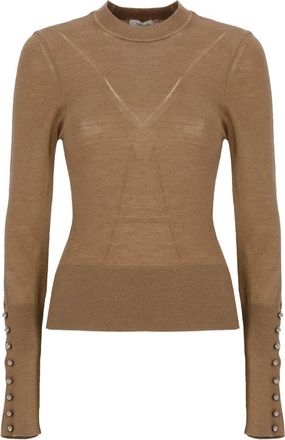Paco Rabanne Gebreide trui met knoopmanchetten - Dames - Ronde hals truien - Bruin - M - Wol - Truien & Vesten