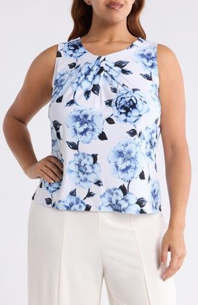 Anne Klein Floral Pleat Neck Top in Crisp White Multi at Nordstrom, Size 1X