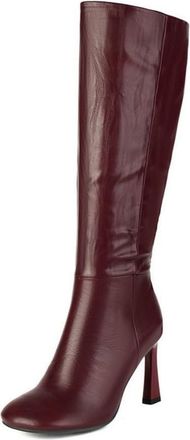 Generic Womens Sexy High Heeled Knight Boots Square Toe Knee High Boots PU Leather Long Boots with Side Zipper,Burgundy,8.5 UK
