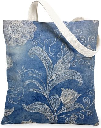 Generic Floral Canvas Tote Bags, Vintage Elegant Design Reusable Grocery Bags, Lightweight Washable Shoulder Strap Canvas for Trave, Blue, 13x15 Inch