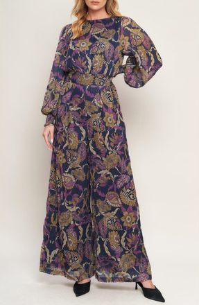 Flying Tomato Floral Pliss&eacute; Jumpsuit in Navy at Nordstrom Rack, Size Medium