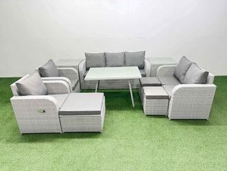 Fimous Rectangular Table Sofa Set with Reclining Chair 3 Stool 2 Side Tables in Light Grey