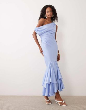 Asos Vestito al polpaccio con spalle scivolate e fondo godet asimmetrico blu-Multi