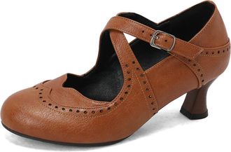 Generic Womens Vintage Style Brogue Pumps- Round Toe Chunky Heel,Cross Strap with Platform Sole for Casual Wear,Yellow,7.5 UK