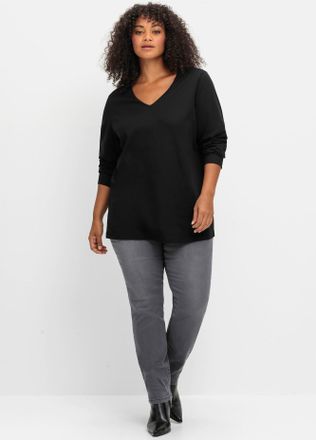Sheego V-Shirt SHEEGO Langarmshirt, Damen, Gr. 48/50, schwarz, 100% Baumwolle, unifarben, V-Ausschnitt, Shirts V-Shirt