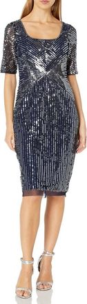 Adrianna Papell Full Beaded Short Evening Dress In Light Navy