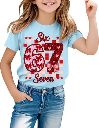 Generic Graphic T-Shirts for Girls UK 67 Six Seven Meme Cute Number Print Cotton Top Short Sleeve Crewneck Funny Tee for School Party Festive Stocking Filler 