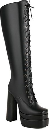 Generic Womens Stacked Platform Knee High Riding Boots Lace Up Ultra Chunky Heels Square Toe Fashion Goth Punk Shoes with Zipper (Black,7.5)