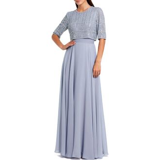 Mac Duggal Fully Beaded 3/4 Sleeves Top Chiffon Gown in Powder Blue at Nordstrom, Size 12
