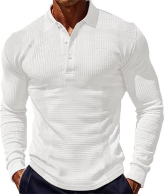 Generic Long Sleeve Polo Shirts for Men UK Slim Fit Lightweight Casual Work Golf Shirt Slim Summer Fall Button Lapel Pullover Tees, Z01-White, M
