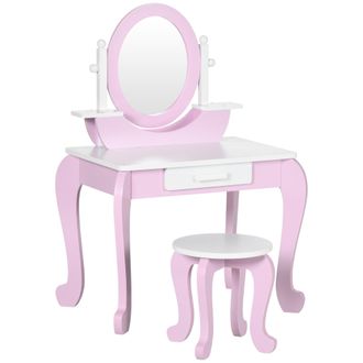 OEM Tocador De Madera Infantil Con Taburete Y Espejo Centro De Belleza Con 1 Caj&oacute;n Para 3-6 A&ntilde;os 65,5x46x93 Cm Rosa