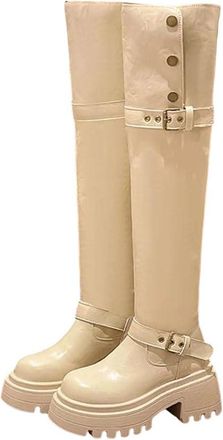 Generic Womens Block Heel Platform Knee High Boots Simple Round Toe Long Shoes