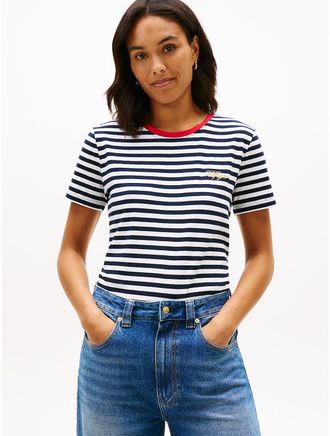 Tommy Hilfiger Womens Hilfiger Script Logo Stripe T-Shirt - White - XXL