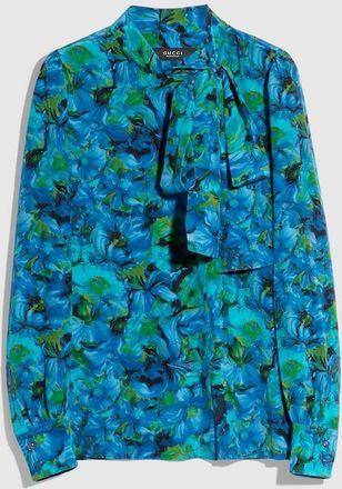 Gucci Printed Silk Cr&ecirc;pe De Chine Shirt, Blue