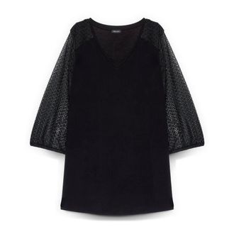 Fiorella Rubino Overhemden, Dames, Zwart, L, Polyester, Tweekleurig T-shirt met gehaakte mouwen