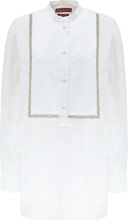 Gucci Kleedjes, Dames, Wit, L, Katoen, Katoenen popeline blouse met kristaldecoraties