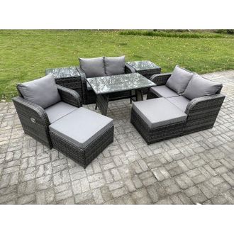 Fimous 7 Seater Outdoor Garden Dining Sets Rattan Furniture With Dining Table Armchairs Love Sofa 2 Big Footstool 2 Side Tables Dark Grey Mixed - Fimous