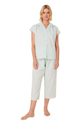 The Cats Pajamas Cotton Seersucker Capri Set in Mint Stripe at Nordstrom, Size X-Small