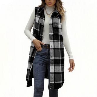 Generic Womens Wool Gilets - Plaid Long Vest, Sleeveless Button Down Lapel Coat, Ladies Elegant Waistcoat with Pockets, Windproof Fuzzy Winter Warm, Lightweig