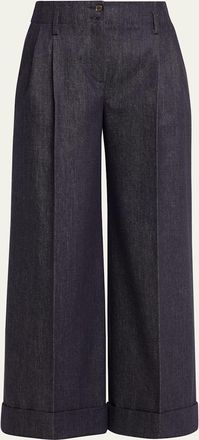 Michael Kors Pleated Cropped Wide-Leg Denim Pants