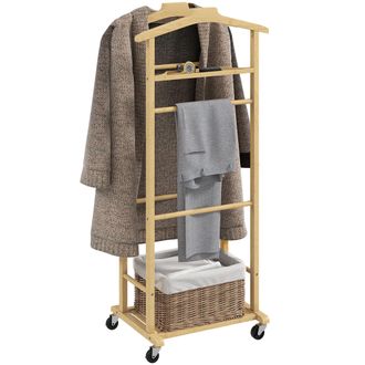 OEM Gal&aacute;n De Noche De Bamb&uacute; Con Ruedas Colgadores Barras Para Pantalones Bandeja Y Zapatero 47x33,7x105,5 Cm Natural