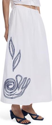 Desigual Embroidered Drawstring Cotton Maxi Skirt in White at Nordstrom, Size X-Large