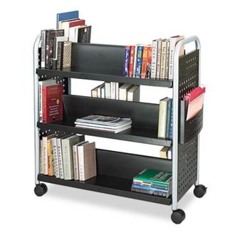 Safco Scoot Double-Sided Book Cart, Metal, 6 Shelves, 1 Bin, 41.25 x 17.75 x 41.25, Black