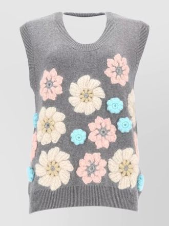 Ganni crew neck knit gilet floral appliqu&eacute;