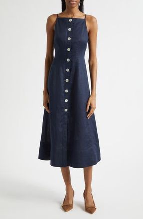 Veronica Beard Georges Linen Button-Up Midi Sundress in Navy at Nordstrom, Size 10
