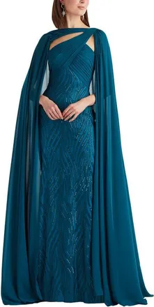 Tadashi Shoji Sequin Pleat Cape Gown in Starry Night at Nordstrom, Size 12
