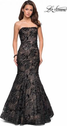 La Femme Strapless Sequin And Lace Mermaid Prom Dress In Black/nude