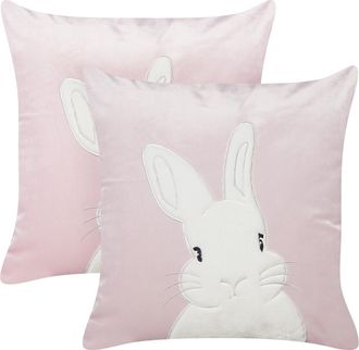 Beliani Beliani - Lote De 2 Cojines Decorativos De Tela De Poli&eacute;ster Con Patr&oacute;n De Conejitos En Color Rosa 45 X 45 Cm Iberis